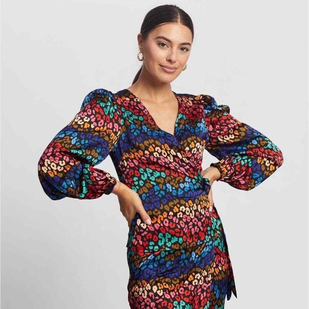 Never Fully Dressed Women's Satin Wrap Top In Multi Leopard Plus Size 18 $118